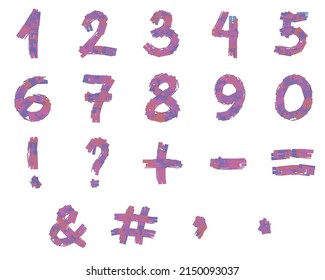 Vector isolated numbers and symbols. Pink and purple colors. 