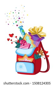 Vector isolated object backpack with gifts. Transparent background