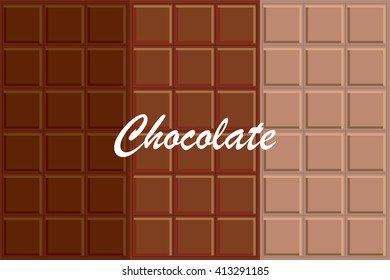 Vector isolated object bittersweet, dark, milk and white chocolate bar. Delicious, tasty food, sweets, dessert on flat cartoon style. Simple flat style  