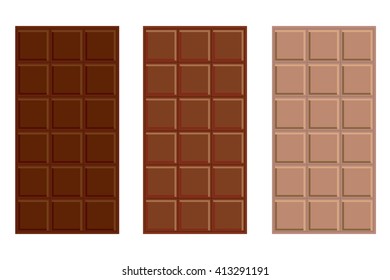 Vector isolated object bittersweet, dark, milk and white chocolate bar. Delicious, tasty food, sweets, dessert on flat cartoon style. Simple flat style  