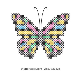 Vector isolated object imitates cross stitch. Colorful butterfly. Easy exchange of colors.