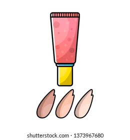 Vector isolated object on white background in linear style. Logo, accessory icon for a beautiful face makeup. Foundation in a tube with smears of cream