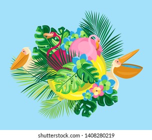 Vector  isolated object. Pelicans and flamingos in tropical leaves on the blue background