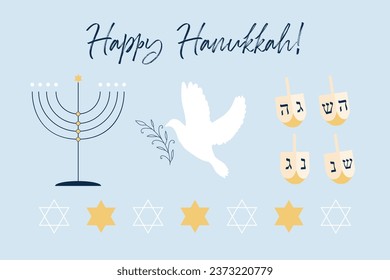 Vector isolated object set with Jewish symbols and lettering Happy Hanukkah. Traditional festive Menorah, Stars of David, Dreidel and dove of Peace with branch