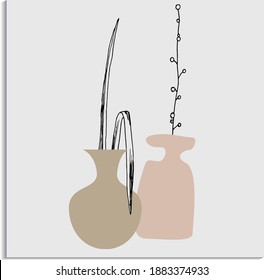 vector isolated objects - jug, stones, drop, plants. flower arrangements vector traced. handmade work.design elements, picture, background. trending images in the style of minimalism