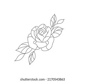 Vector isolated oldschool rose with leaves colorless black and white contour line drawing