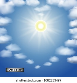 Vector isolated on blue background clouds illustration in the form of heart and the sun shines on the sky, romantic image.