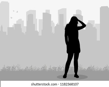 vector, isolated, on a city background silhouette of a girl