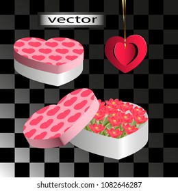 Vector isolated on transparent background heart-shaped box opened with a gift of a bouquet of pink flowers. Romantic picture for wedding holiday, Valentine's day or recognition 