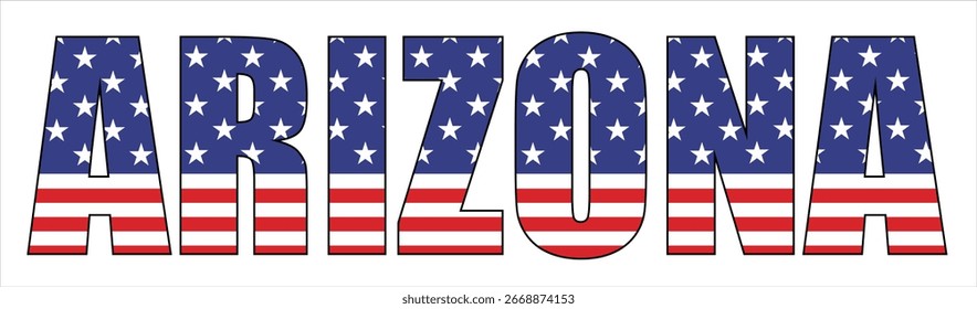 Vector isolated on transparent background t-shirt drawing with inscription of Arizona state name with national united states flag. Design for fabric, paper, clothing. USA font. Mockup america t shirt.