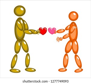 Vector. Isolated on a white background stylized figures of two people who give each other their hearts. Valentine's day theme.