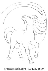 Vector isolated on white background black and white character for children's coloring. Cute kind cartoon horse with a magnificent mane and a bushy tail.