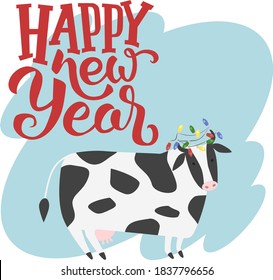 vector isolated on white background image of black and white cow with garland of colored lamps on horns with red text happy new year on light blue background for printing on cards,clothes and websites