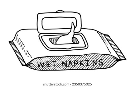 VECTOR ISOLATED ON A WHITE BACKGROUND DOODLE ILLUSTRATION OF A PACK OF WET WIPES