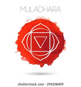 Vector isolated on white background illustration of one of the seven chakras - Muladhara, the symbol of Hinduism, Buddhism. Watercolor hand painted texture. For design, associated with yoga and India.