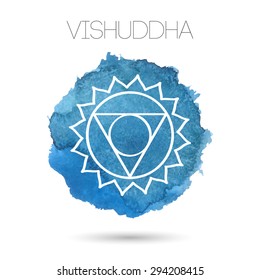 Vector isolated on white background illustration of one of the seven chakras -Vishuddha, the symbol of Hinduism, Buddhism. Watercolor hand painted texture. For design, associated with yoga and India.