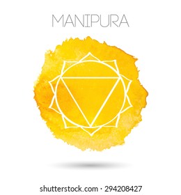 Vector isolated on white background illustration of one of the seven chakras - Manipura, the symbol of Hinduism, Buddhism. Watercolor hand painted texture. For design, associated with yoga and India.