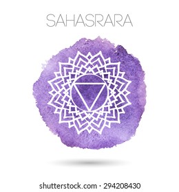 Vector isolated on white background illustration of one of the seven chakras - Sahasrara, the symbol of Hinduism, Buddhism. Watercolor hand painted texture. For design, associated with yoga and India.