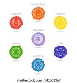 Vector isolated on white background illustration seven chakras set, the symbol of Hinduism, Buddhism. Hand painted texture. For design, associated with yoga and India.