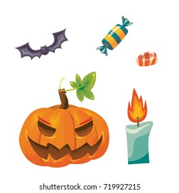 Vector isolated on white background cartoon style illustration set of Halloween symbols: pumpkin, flying bat, candy and flaming candle