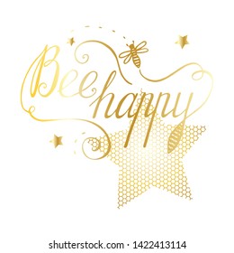 Vector isolated on white card template with honey bee and golden shiny stars