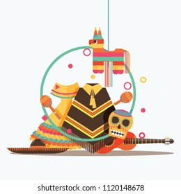 Vector isolated on white composition with mexican goods like sombrero, guitar, pinata, scull, poncho and maracas