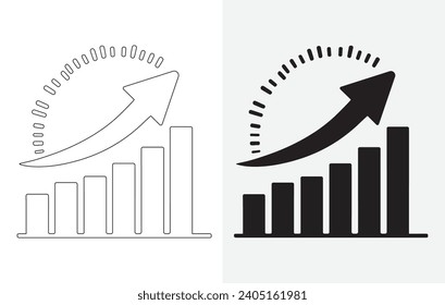 Vector isolated on white and grey background set of single black arrow increasing and pointing up on chart graph bars icon, success graph moving upwards flat design interface infographic element for a