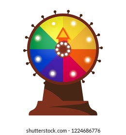 Vector isolated on white illustration of flat fortune wheel with led lamps, bright colors segments in simple style with shadows