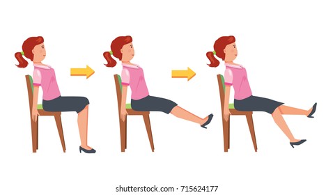 Vector isolated on white illustration of office gymnastic sport yoga steps instruction. Sitting girl makes sport exercises