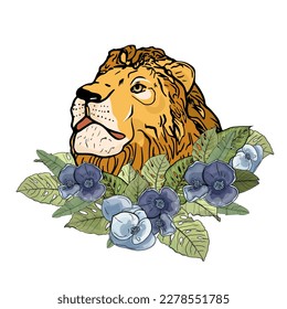 Vector aislado en blanco. Ilustraciones de cara animal con flores coloridas y hojas verdes. La mano dibujó león. Para imprimir embalaje, tarjetas, diseñadores, ropa, interior, icono, logotipo