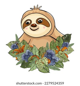 Vector isolated on white. Illustrations of animal face with colorful flowers an green leaves. Hand drawn sloth. For printing packaging, cards, designers, clothes, interior, icon, logo