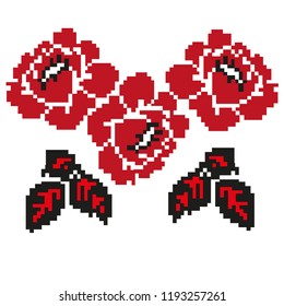 Vector isolated on white ukrainian, romanian, russian, embroidery ornament of red poppy flowers with black leaves