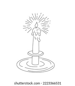 Vector isolated one burning candle in a candlestick holder colorless black and white contour line easy drawing