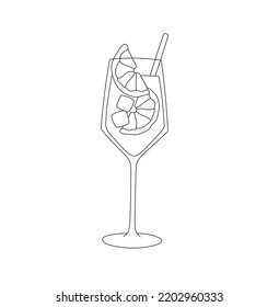 Vector isolated one cocktail glass with citrus slices ice cubes and straw colorless black and white contour line easy drawing