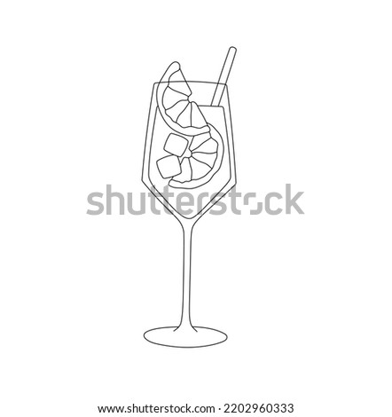 Vector isolated one cocktail glass with citrus slices ice cubes and straw colorless black and white contour line easy drawing