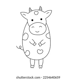 Vector isolated one cute cartoon cow with spots standing on hind legs front view colorless black and white contour line easy drawing