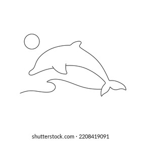 Vector isolated one dolphin jumpimg over the water waves side view colorless black   white contour line easy drawing