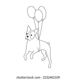Vector isolated one french bulldog dog flying with balloons colorless black and white contour line easy drawing