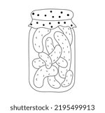 Vector isolated one glass jar with pickles with cloth with black polka dots on top colorless black and white contour line drawing