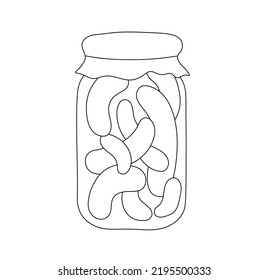 Vector isolated one glass jar with pickles with cloth on top colorless black and white contour line drawing