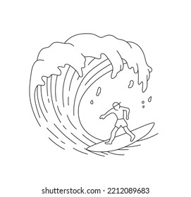 Vector isolated one high round sea ocean wave and surfer the surf  colorless black   white contour line easy drawing