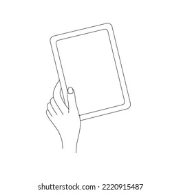Vector isolated one human hand holding big rectangle card empty clear template colorless black and white contour line easy drawing