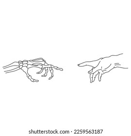 Vector isolated one human hand reaches to dead man skeleton hand colorless black   white contour line easy drawing