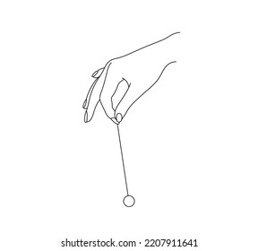 Vector isolated one human head holding pendulum metal ball on string colorless black and white contour line drawing