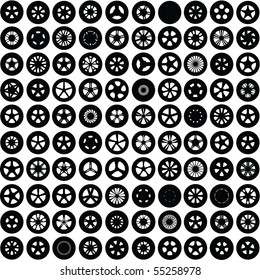 Vector isolated one hundred silhouettes of wheels