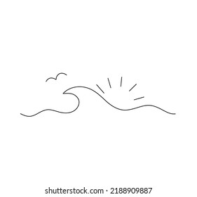 Vector isolated one line simple wave and sun rays   seagull bird easy drawing  Single line wave minimal tattoo sketch 