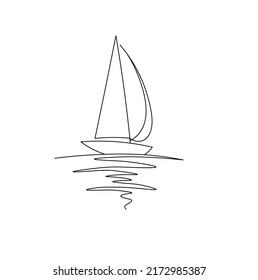 Vector isolated one line single line sailboat with reflection colorless black and white graphic art drawing