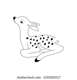 Vector isolated one lying new born forest baby deer colorless black and white contour line drawing