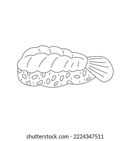 Vektorgrafik einzeln auf einem Reis-Sushi mit Garnelen auf oberer farbloser schwarz-weißer Kontur, leicht zu zeichnen