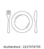 Vector isolated one round plate with fork and knife on the sides serving top view colorless black and white contour line easy drawing